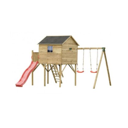 Medinis vaikų žaidimų namelis "Didysis Gandriukas" su dvigubomis sūpynėmis