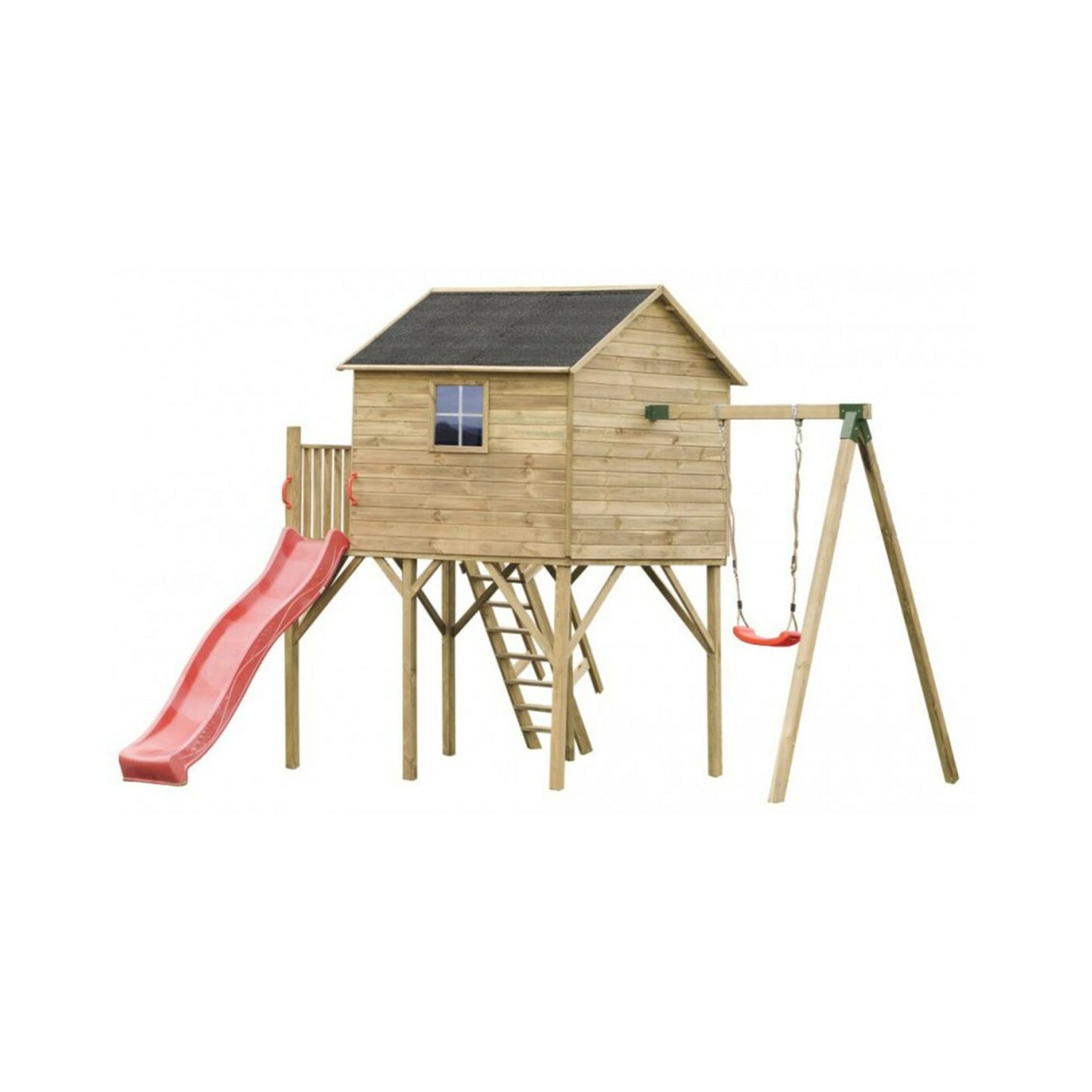 Medinis vaikų žaidimų namelis "Didysis Gandriukas" su sūpynėmis
