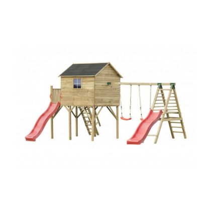 Medinis vaikų žaidimų namelis "Didysis Gandriukas" su dvigubomis sūpynėmis ir laipiojimo kopetėlėmis