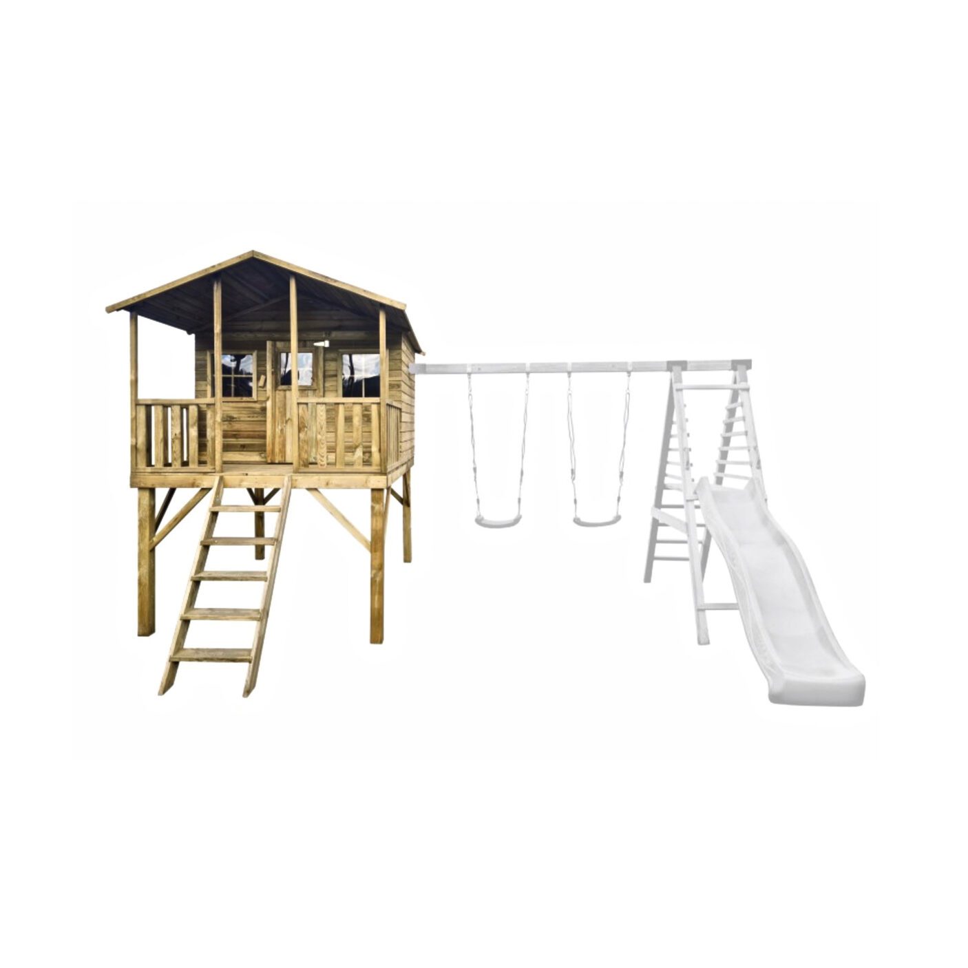 Medinis vaikų žaidimų namelis "Girinukas" su dvigubomis sūpynėmis ir laipiojimo kopetėlėmis