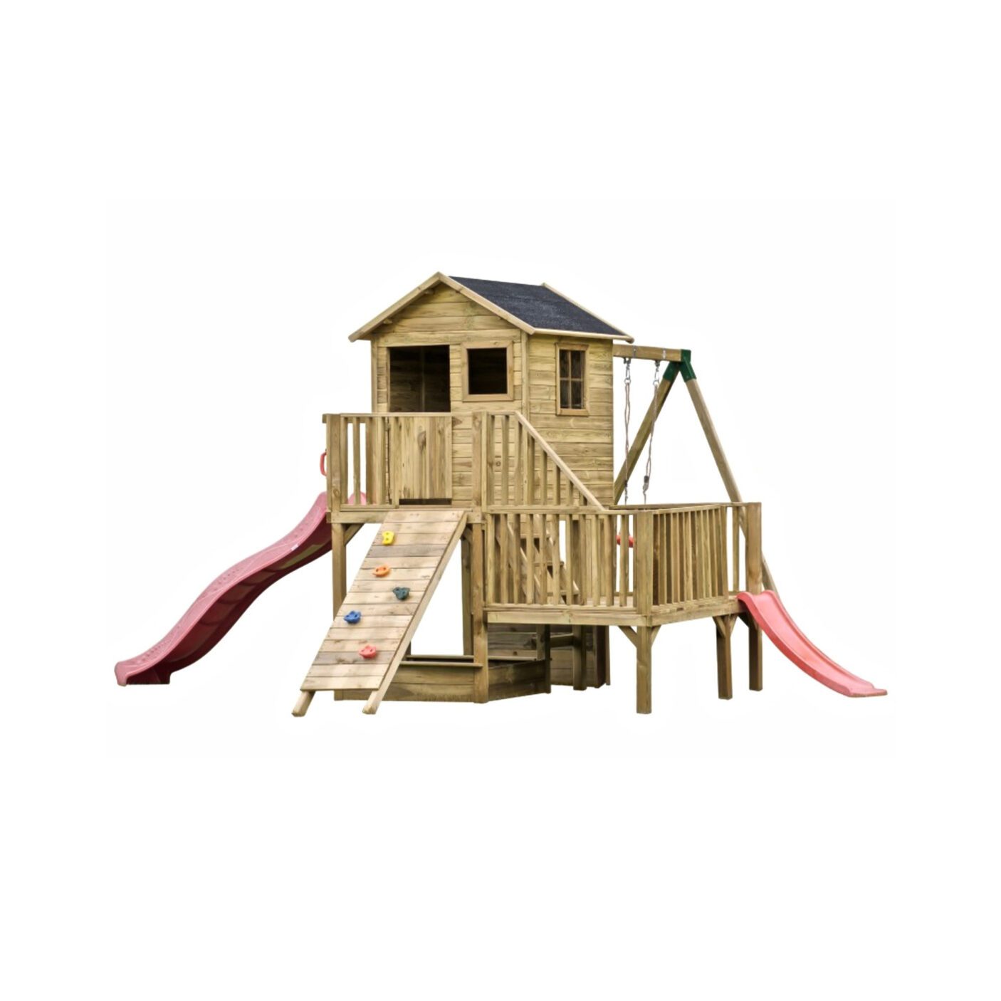 Medinis vaikų žaidimų namelis "Koriukas" su sūpynėmis