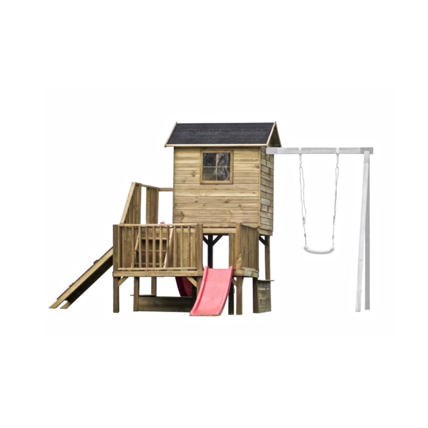 Medinis vaikų žaidimų namelis "Koriukas" su sūpynėmis