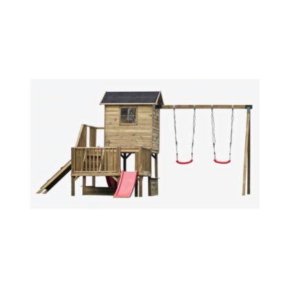 Medinis vaikų žaidimų namelis "Koriukas" su dvigubomis sūpynėmis