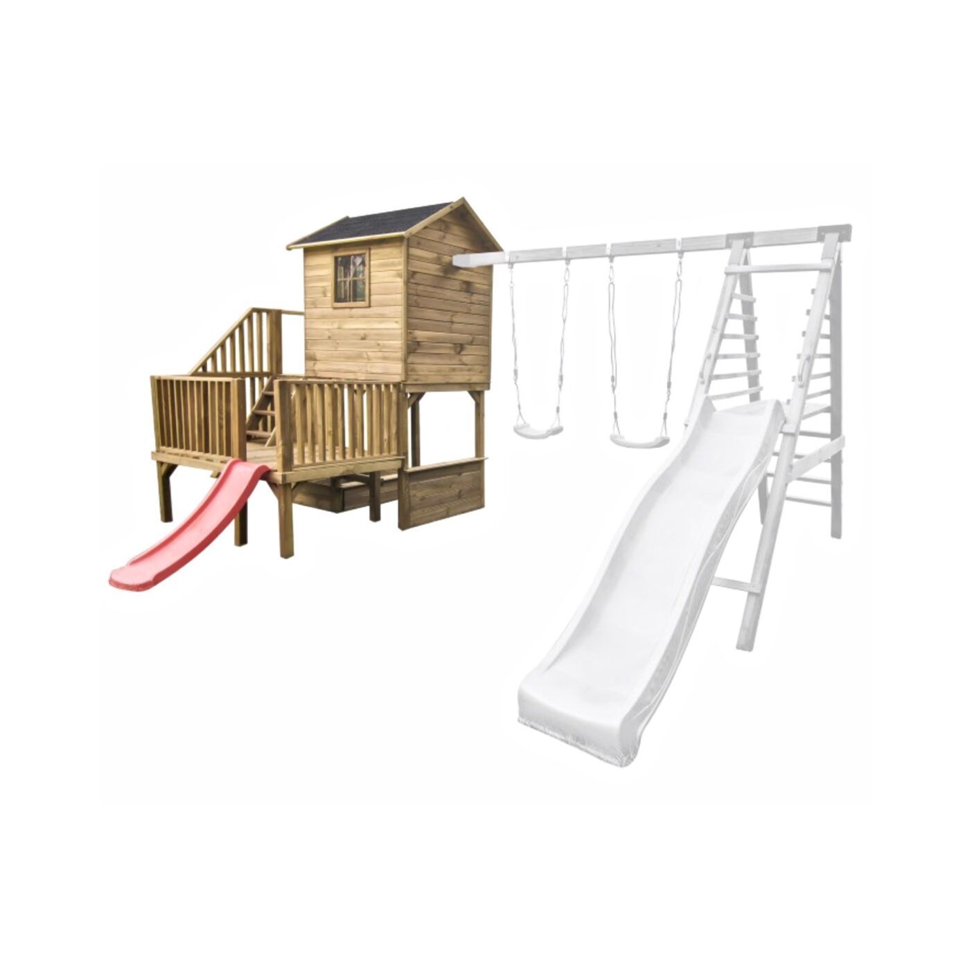 Medinis vaikų žaidimų namelis "Koriukas" su dvigubomis sūpynėmis ir laipiojimo kopetėlėmis