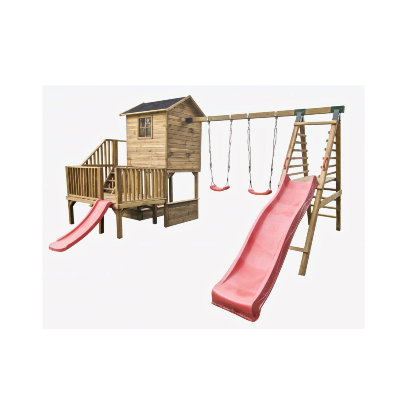 Medinis vaikų žaidimų namelis "Koriukas" su dvigubomis sūpynėmis ir laipiojimo kopetėlėmis