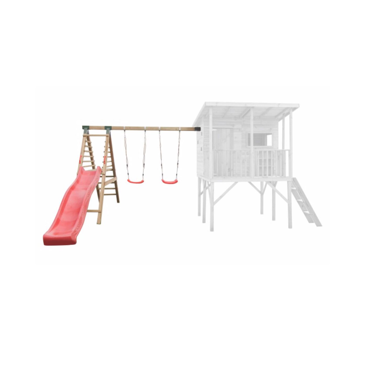 Medinis vaikų žaidimų namelis "Robinzonas" su dvigubomis sūpynėmis ir laipiojimo kopetėlėmis