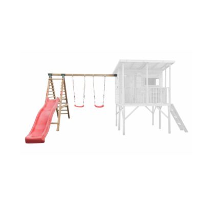 Medinis vaikų žaidimų namelis "Robinzonas" su dvigubomis sūpynėmis ir laipiojimo kopetėlėmis