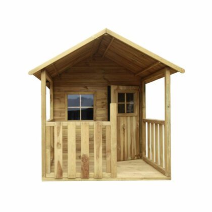 Medinis vaikų žaidimų namelis "Riešutėlis" su medine pavėsine ir smėlio dėže su stogeliu