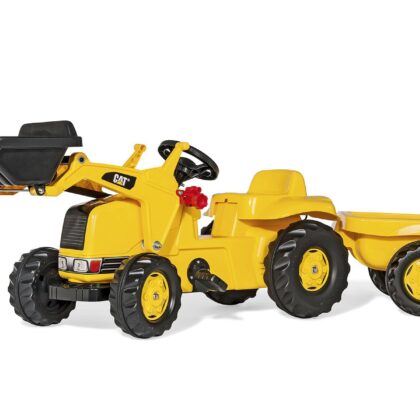 Minamas traktorius su krautuvu ir priekaba, CAT, geltonas