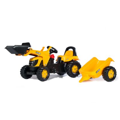 Minamas traktorius su krautuvu ir priekaba, JCB, geltonas